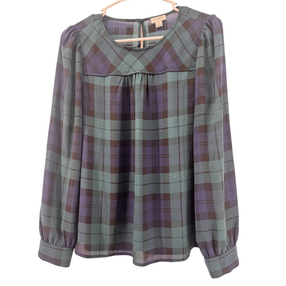 J.Crew Womens Black Watch Plaid Long Sleeve Blouse Navy Green AG679 Small